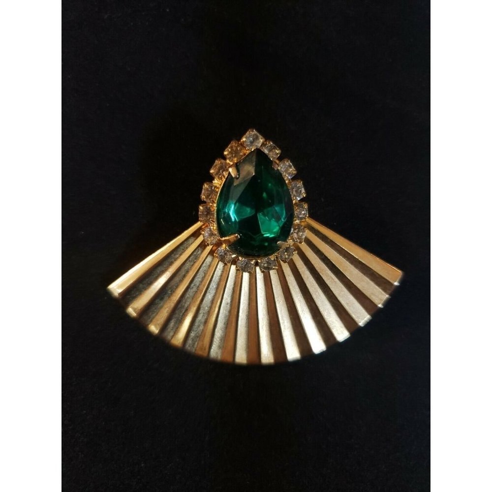 Vintage Fan Brooch Pin Goldtone & Faux Emerald   Costume Jewelry 2 "